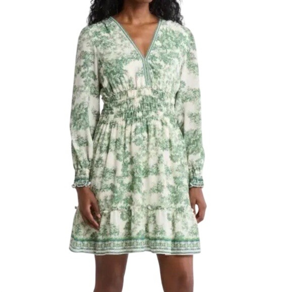 Max Studio Ivory Green Garden Floral Smocked Waist Dress Size Large
